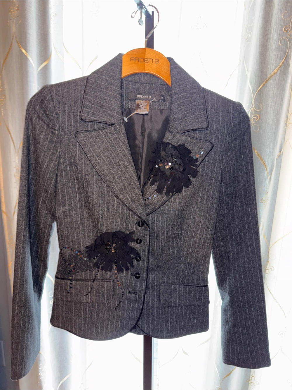 Arden B Grey Pinstripe Blazer with Black Floral Appliqué